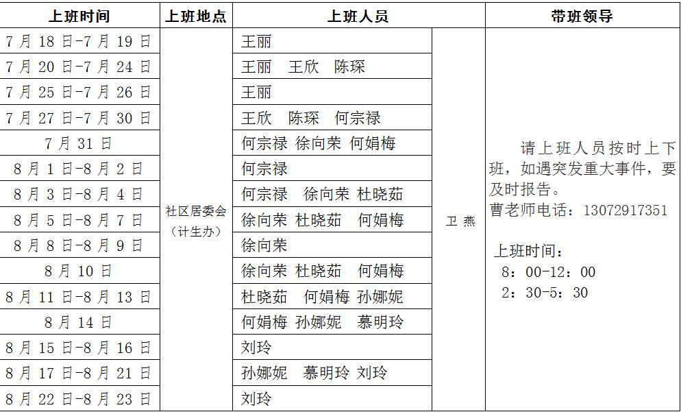 社区居委会(计生办)2020年暑假上班安排表